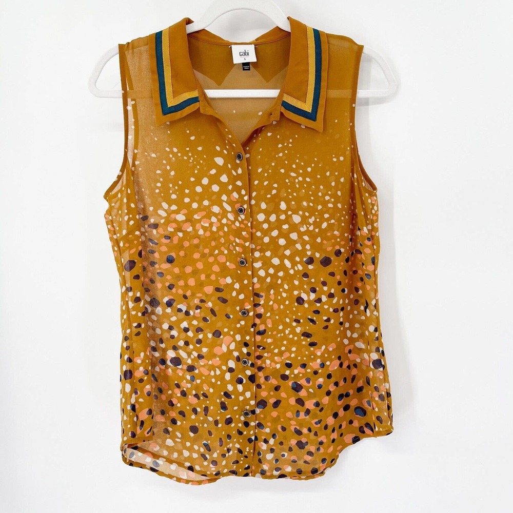 Cabi Cheers Collared Tank Blouse Sz S Yellow Paintbrush Stroke Button Up Sheer